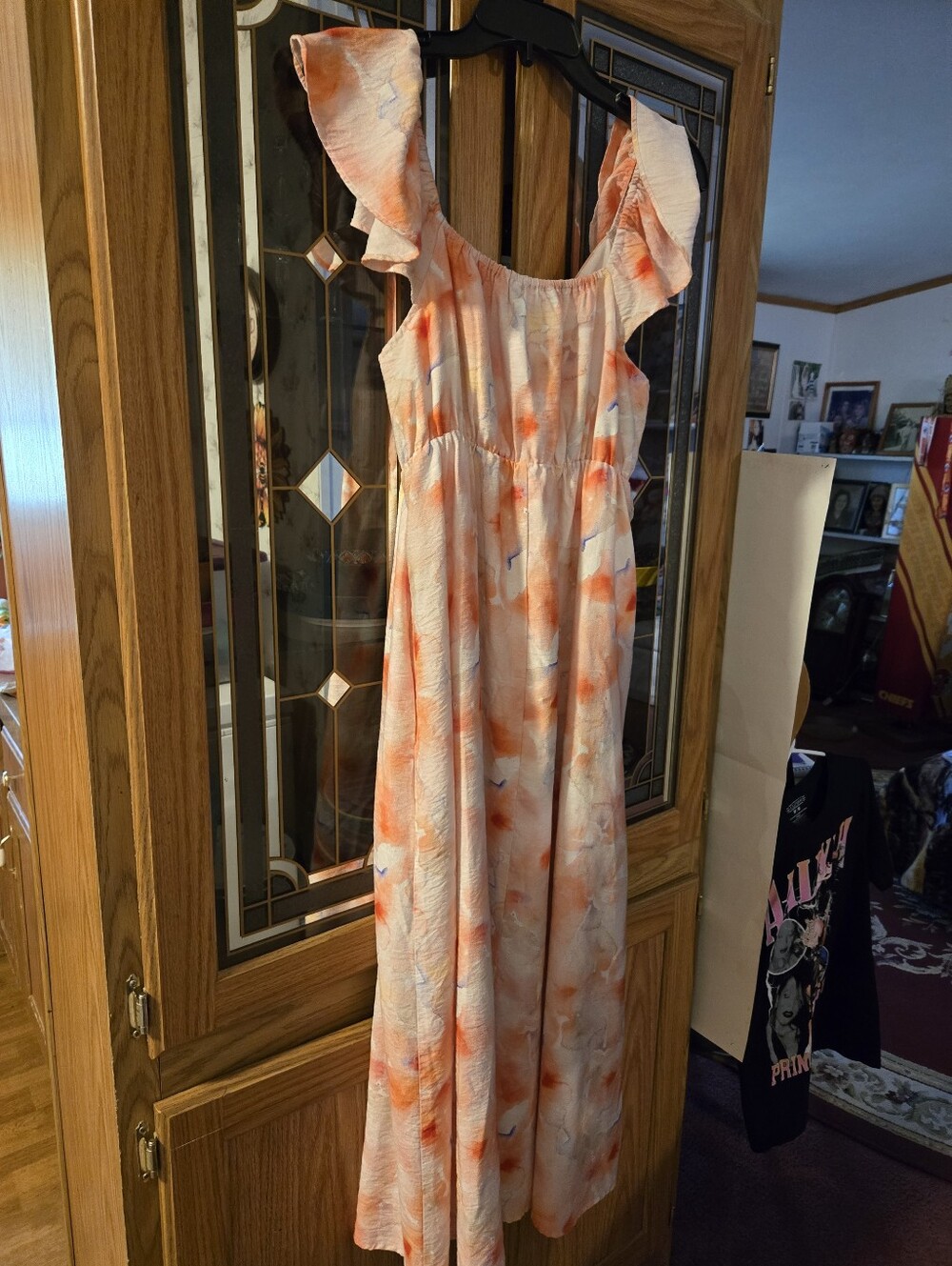 Soft Peach Watercolor Maxi Dress with Flutter Straps